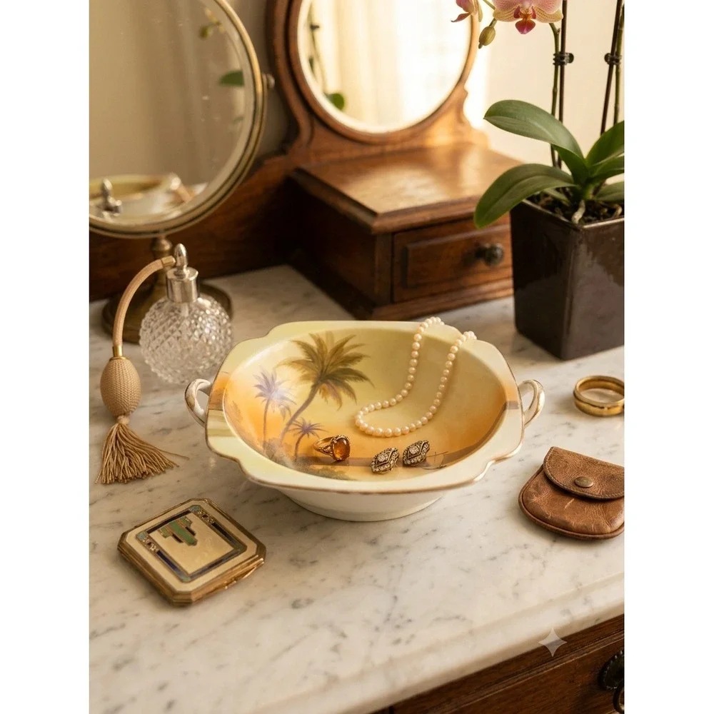 Noritake Vintage Hand Painted Porcelain Bowl Tropical Sunset Palm Tree Gold Trim